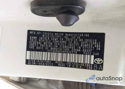 2017 Toyota Corolla Le from USA, damaged, VIN 5YFBURHE4HP622278